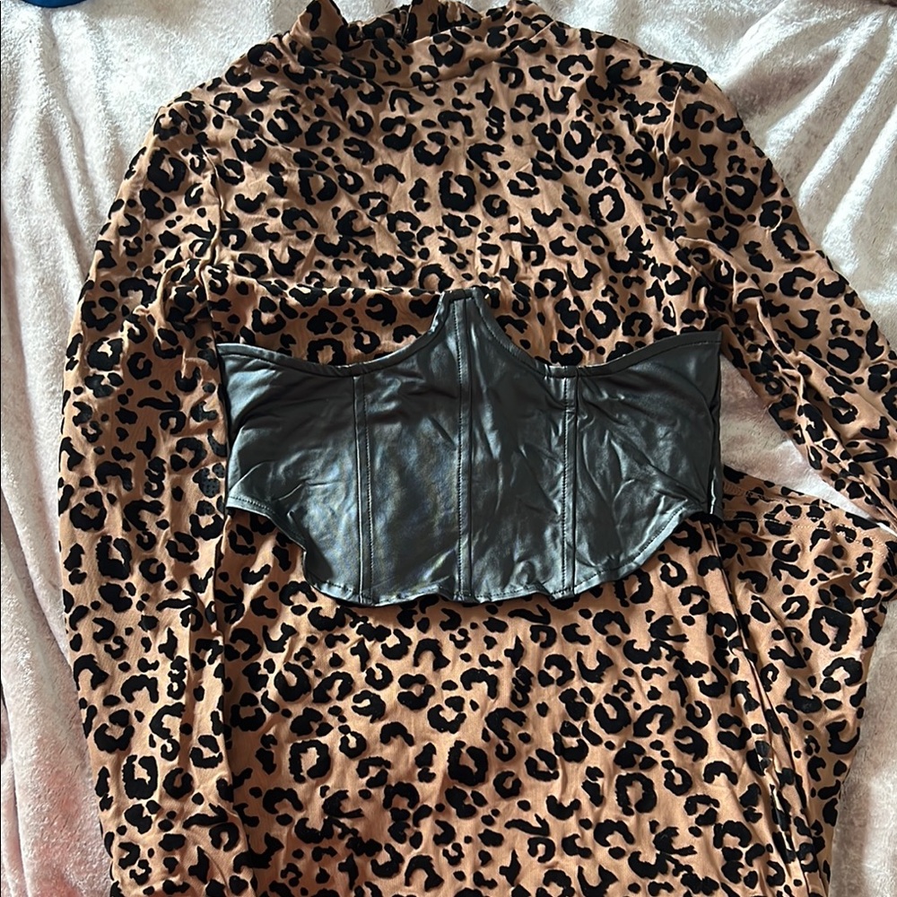 Leopard Print Black Corset Midi Dress